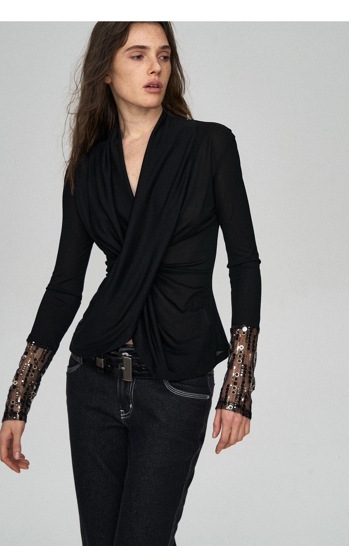 Embroidered Acetate Silk Cross-Knot Long Sleeve T-Shirt