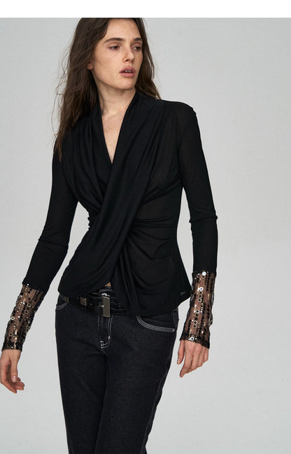 Embroidered Acetate Silk Cross-Knot Long Sleeve T-Shirt