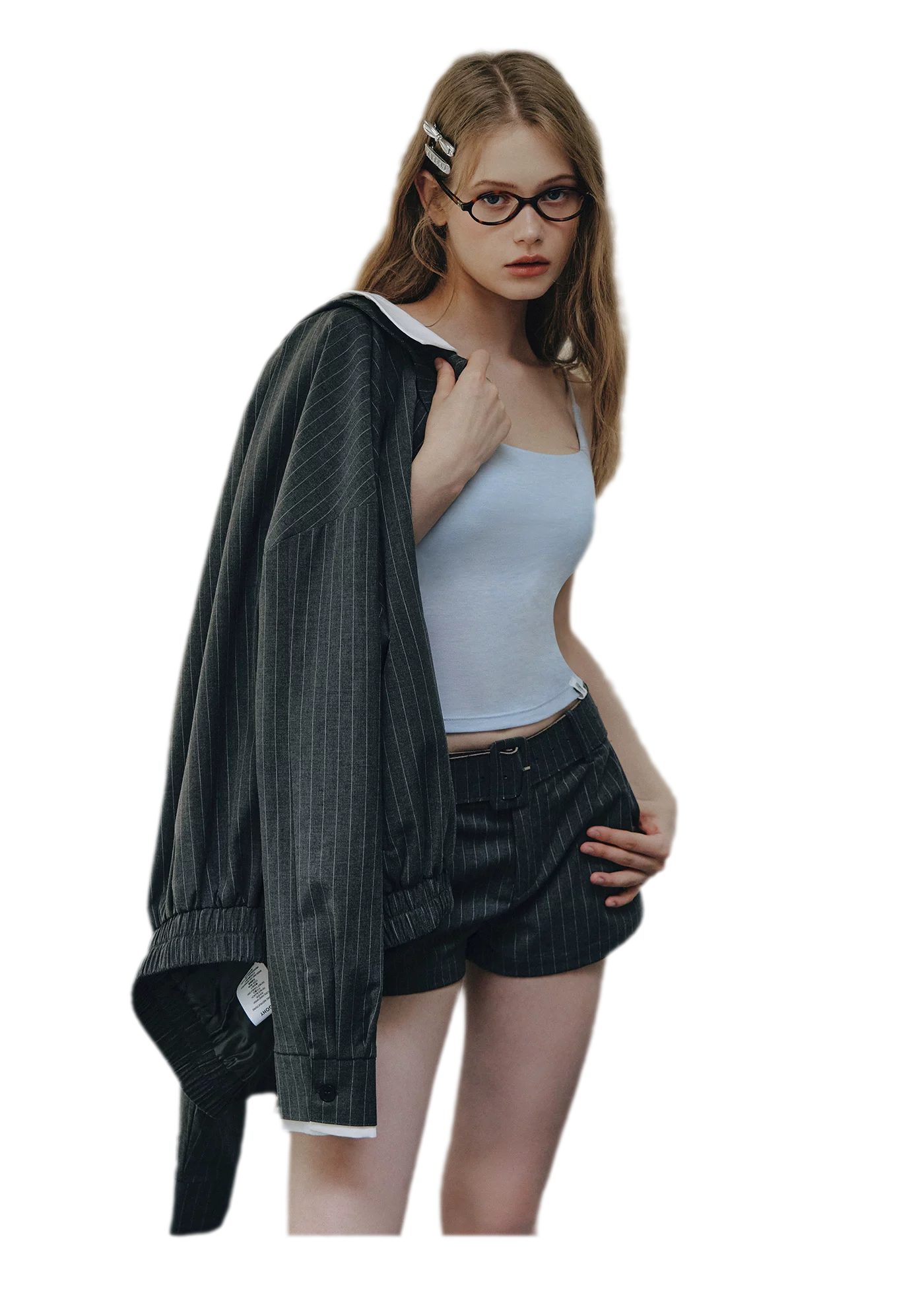 Pinstripe Belted Jacket Shorts Set