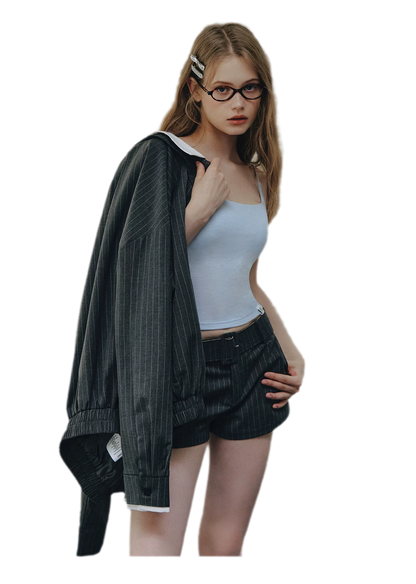 Pinstripe Belted Jacket Shorts Set