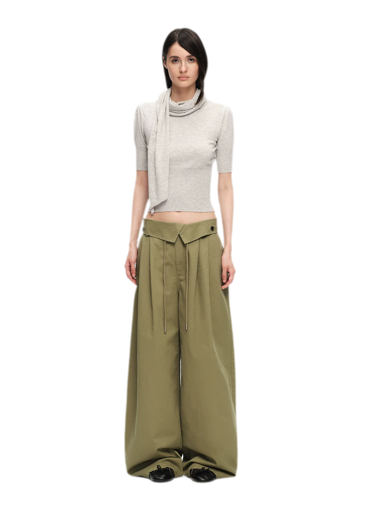 Washed Cross-Waistband Wide-Leg Pants