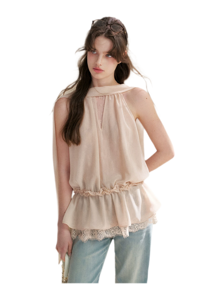 Chiffon Lace Halter V-Neck Blouse