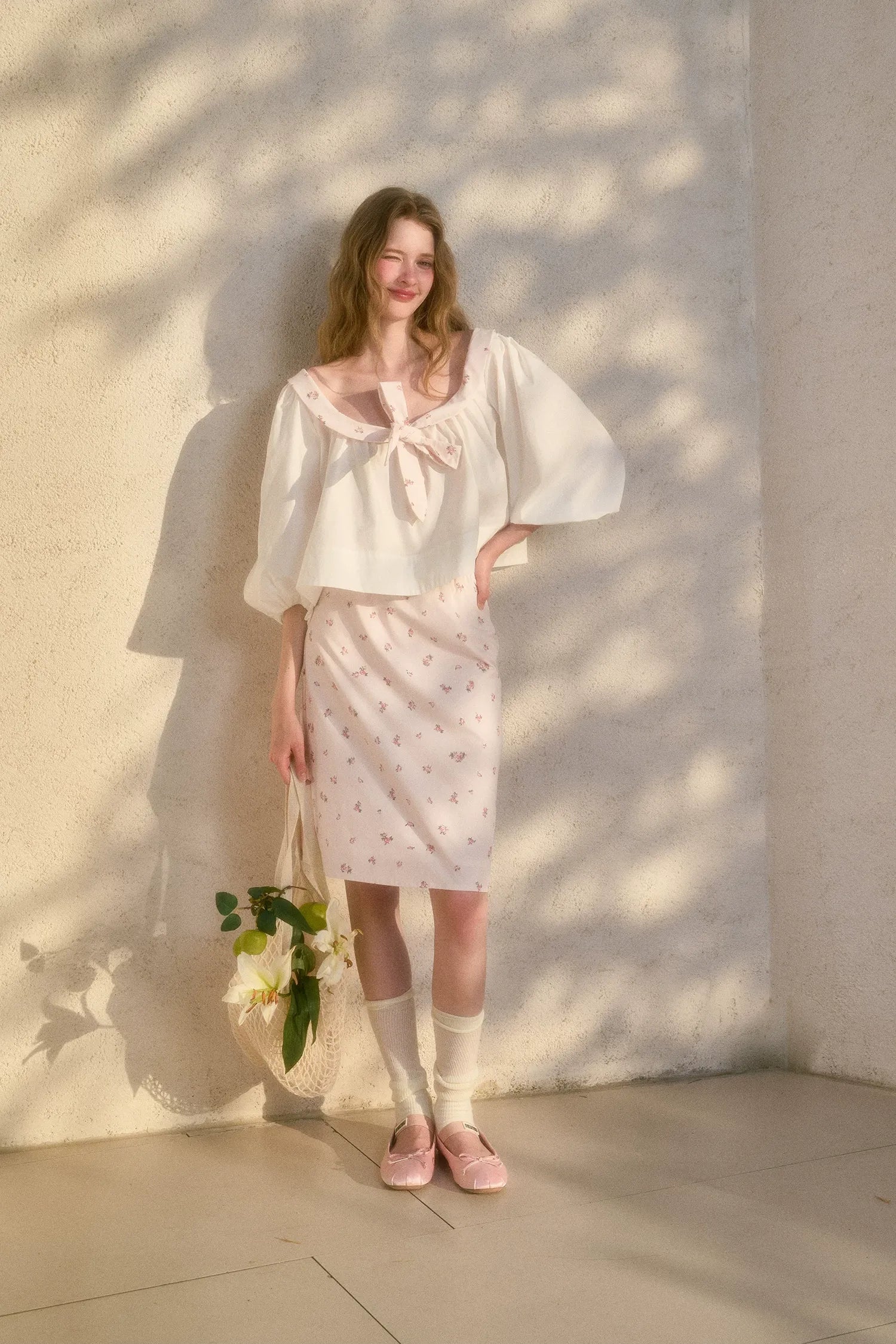 Floral Puff-Sleeve Blouse Skirt Set