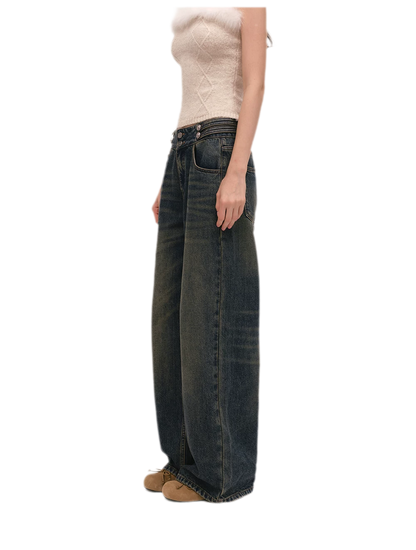 Quần jeans ống rộng giặt bạc chải xước