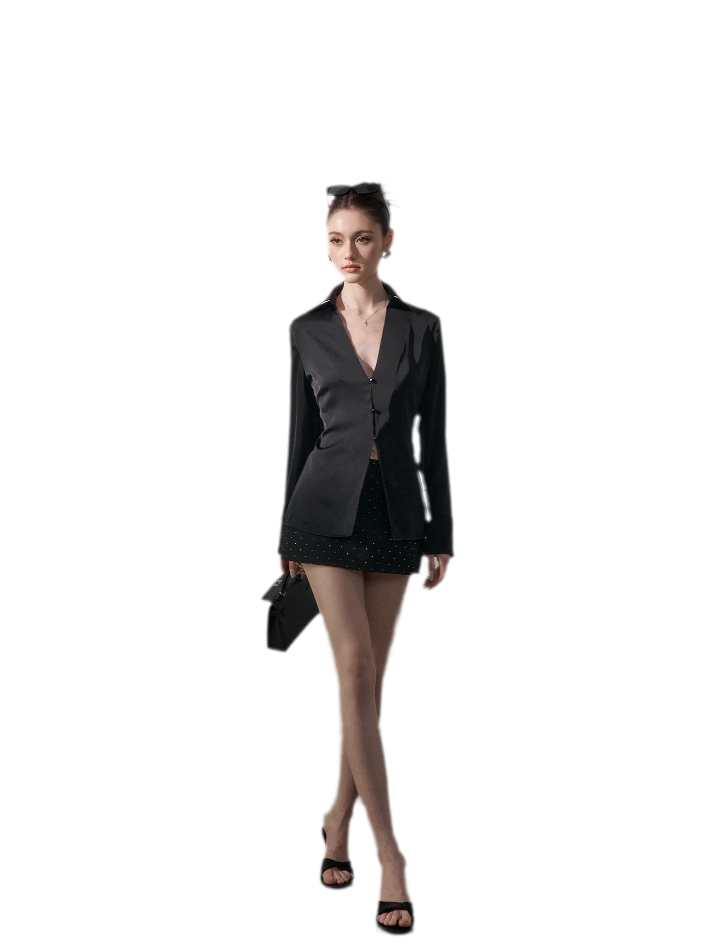 Satin Three-Button V-Neck Blouse