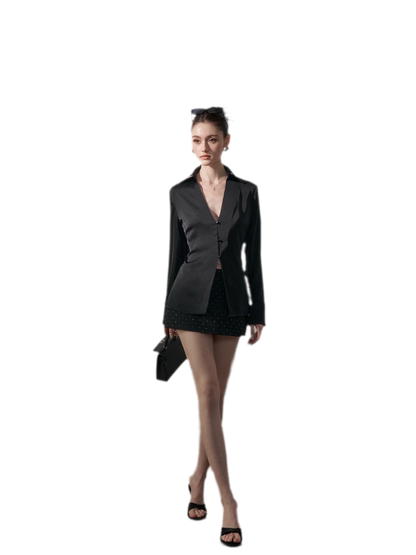 Satin Three-Button V-Neck Blouse