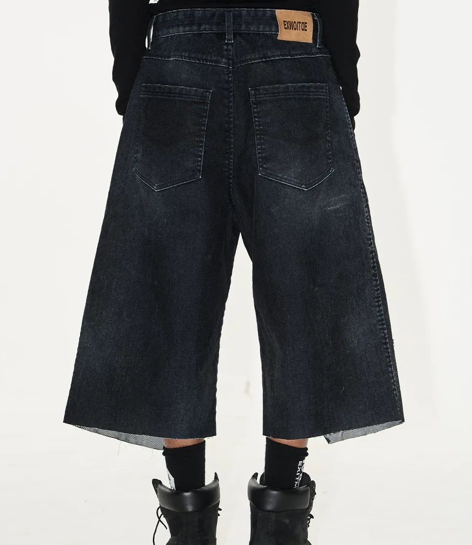 Flocked Wide-Leg Denim Shorts