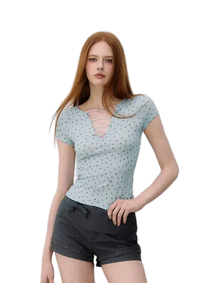 Cross Tie Hollow V-Neck Slim Short Sleeve T-Shirt