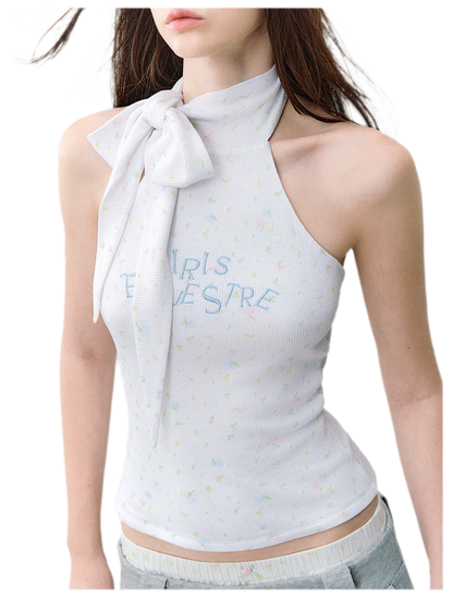 Printed Bow-Tie Halter Cropped Vest