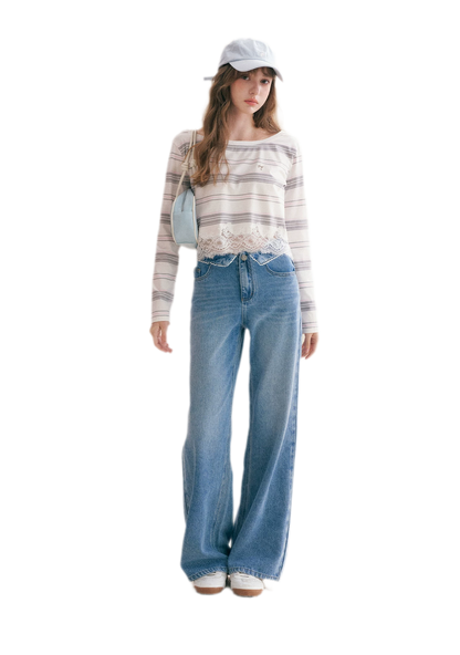 Cotton Lace-Trim Wide-Leg Jeans