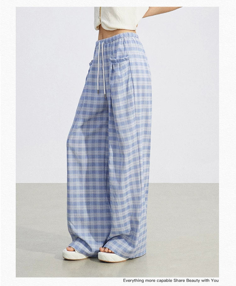 Lace Trim Plaid Wide-Leg Pants
