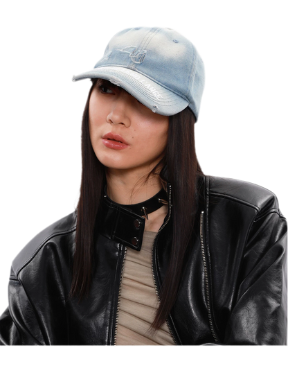 Washed Denim Embroidered Cap