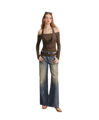 Washed Paint-Splatter Wide-Leg Jeans