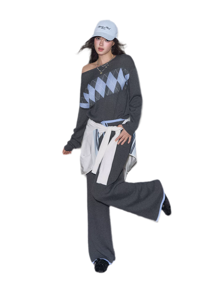 Argyle Off-Shoulder Knit Set