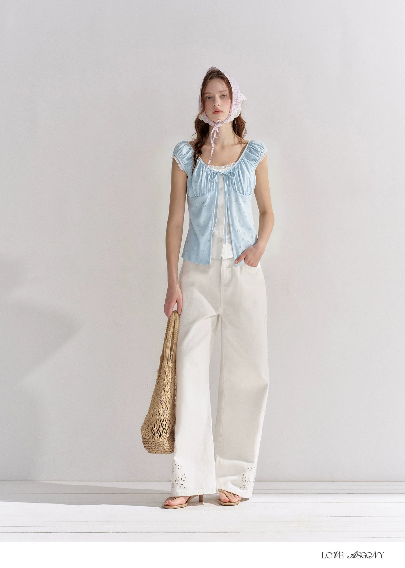 Two-Layer Floral Cutout Contrast Tie-Front Blouse