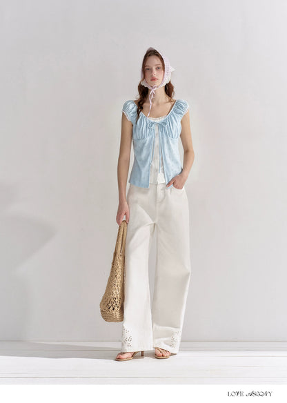 Two-Layer Floral Cutout Contrast Tie-Front Blouse