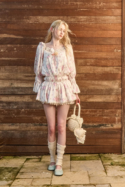 Floral Lace Puff-Sleeve Dress Set