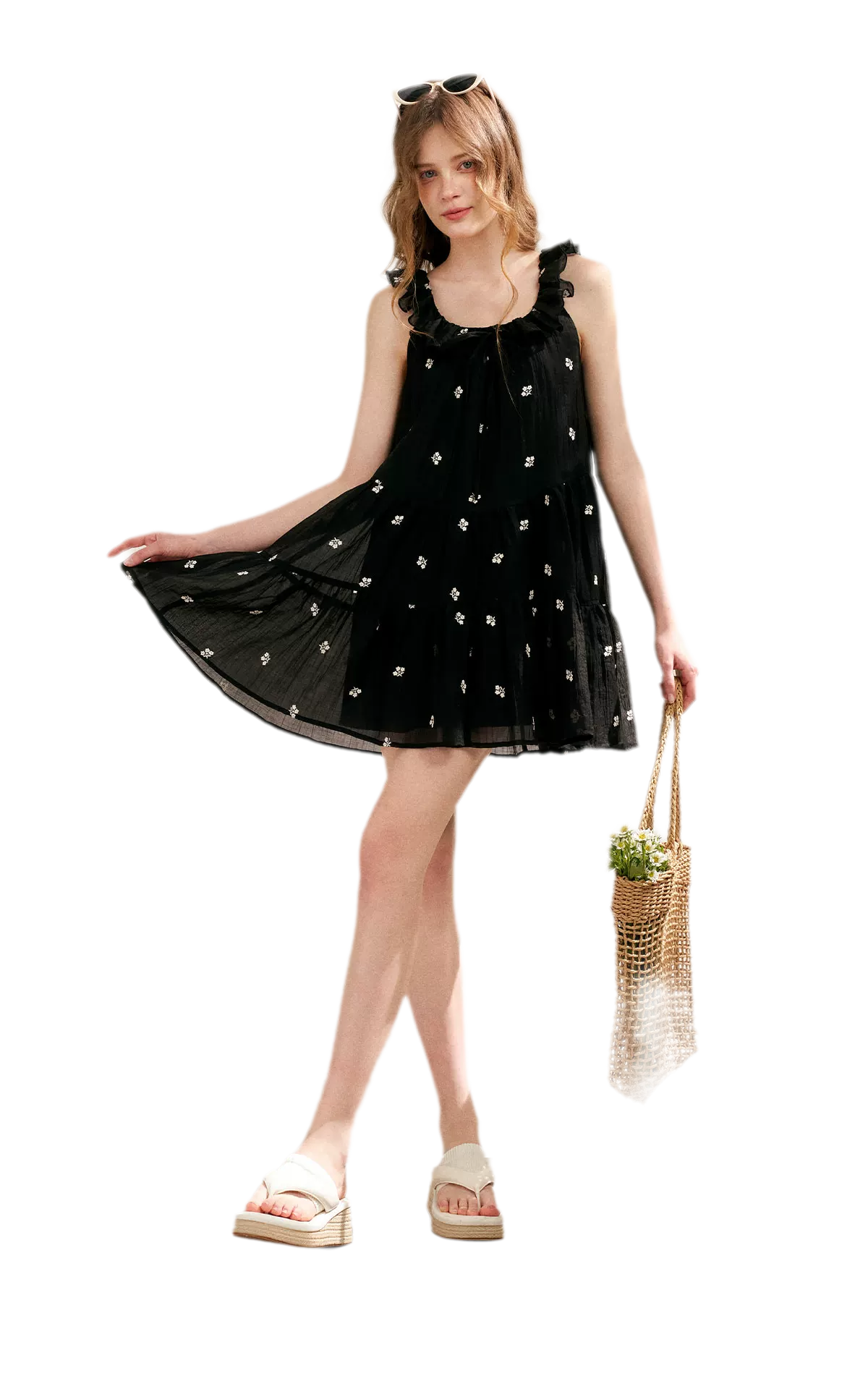 Tencel Embroidered Ruffle A-line Dress