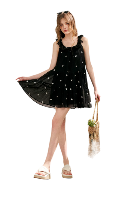 Tencel Embroidered Ruffle A-line Dress