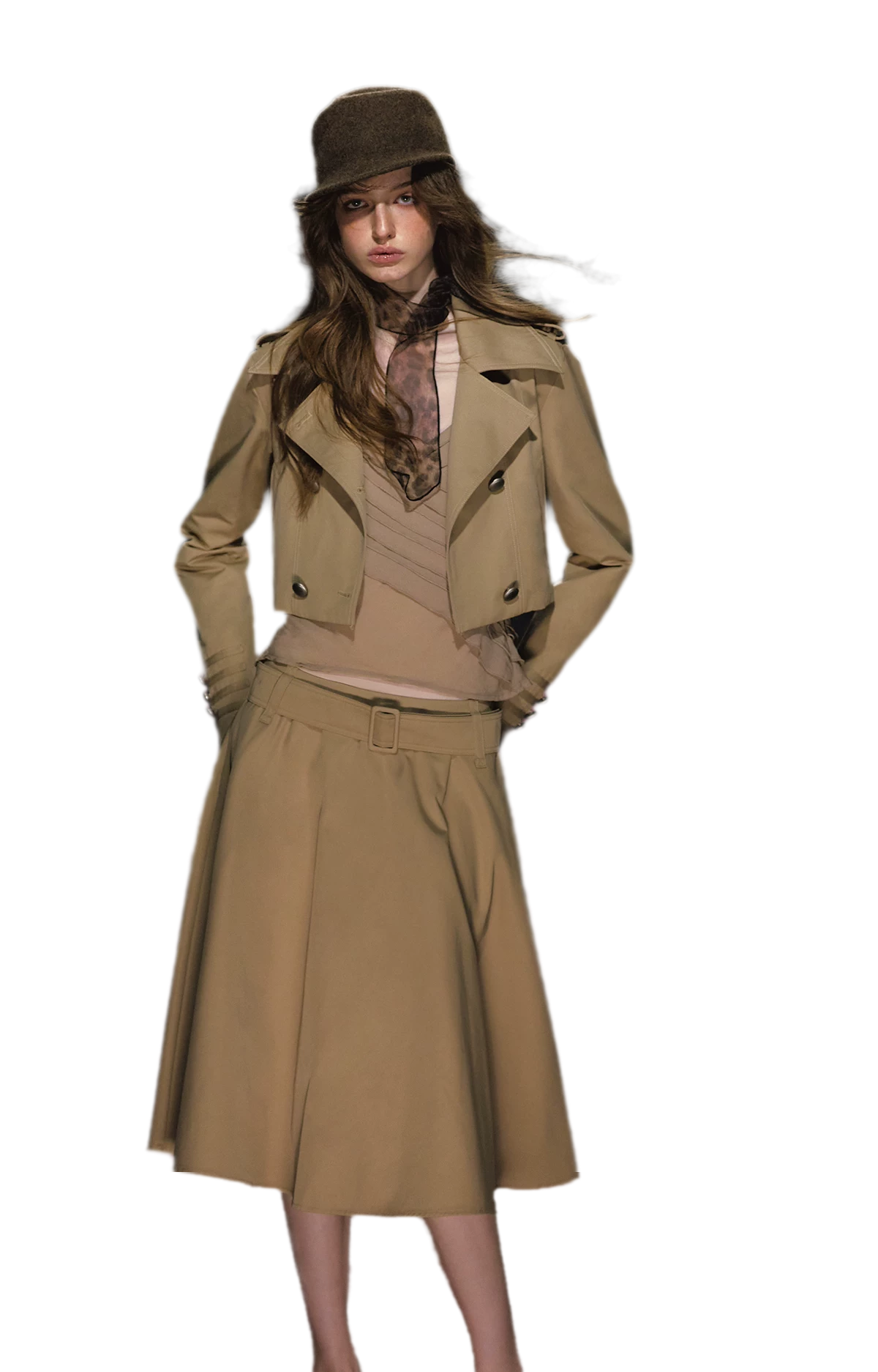 雙排扣腰帶風衣套裝