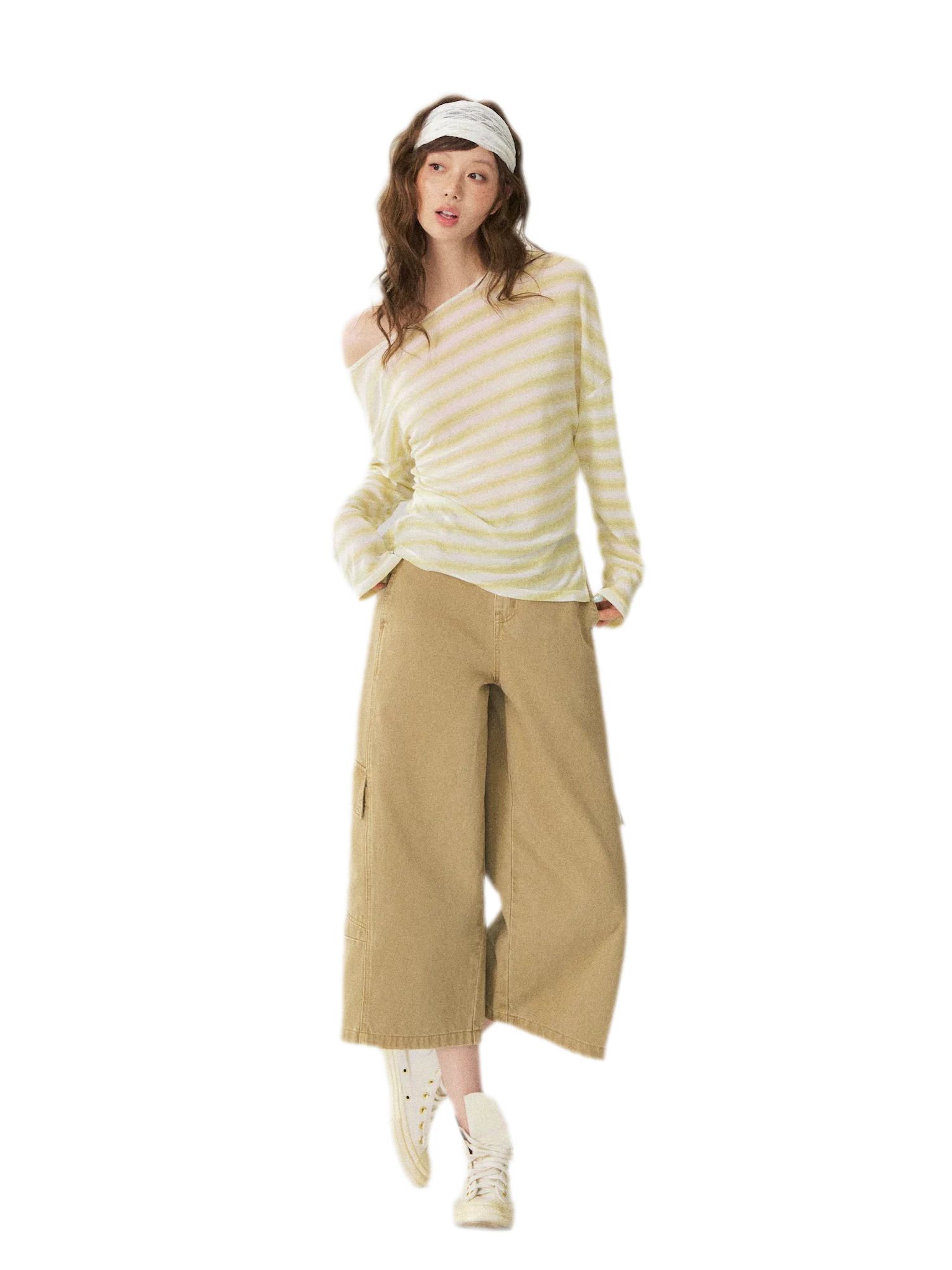 Sheer One-Shoulder Stripe Tee
