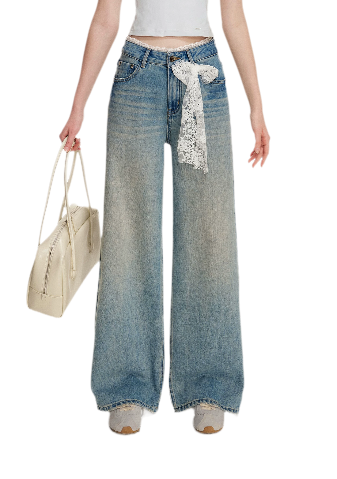 Lace-Trimmed Wide-Leg Denim Pants
