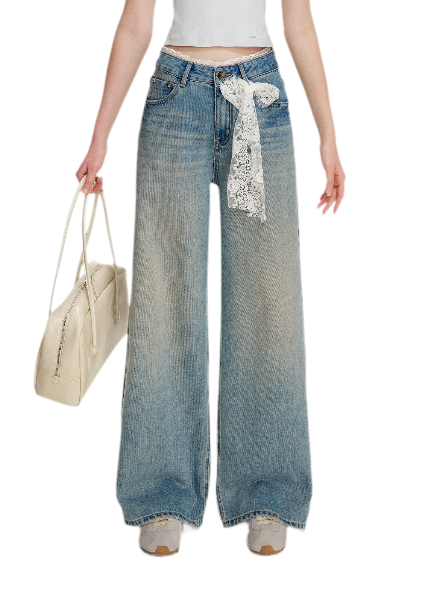 Lace-Trimmed Wide-Leg Denim Pants