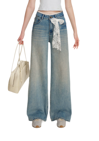 Lace-Trimmed Wide-Leg Denim Pants