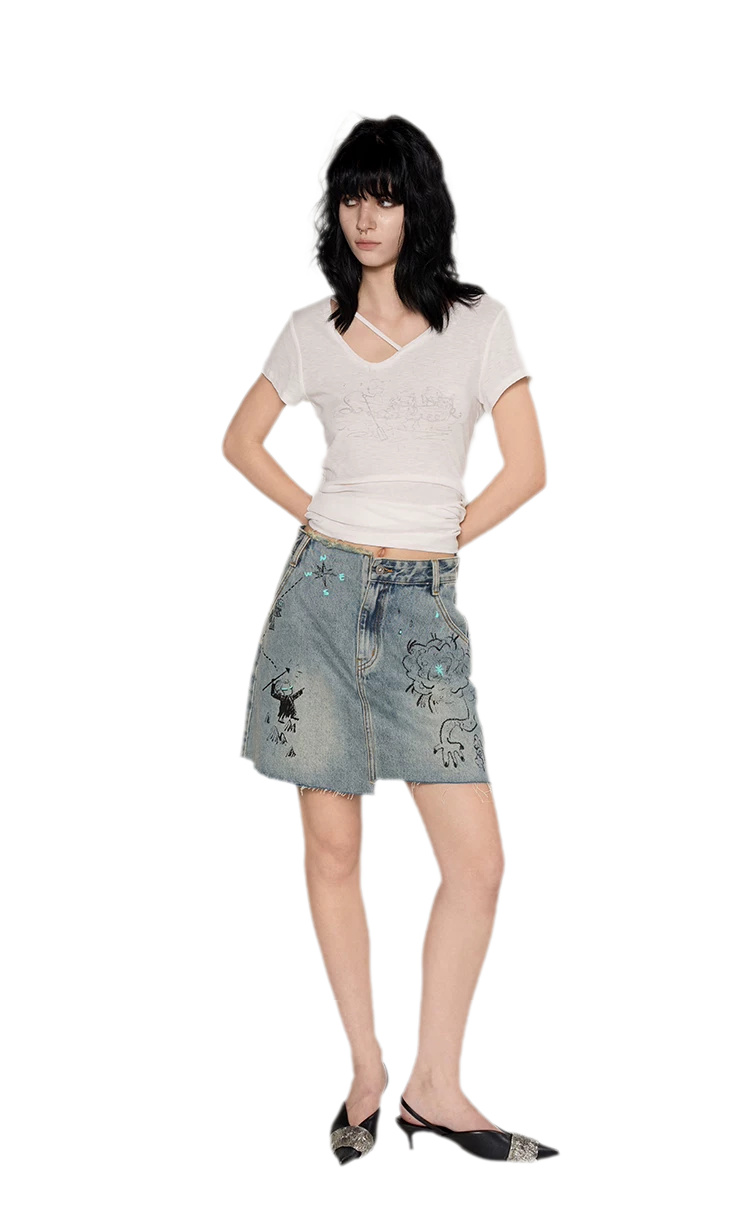 Washed Graffiti A-Line Denim Skirt