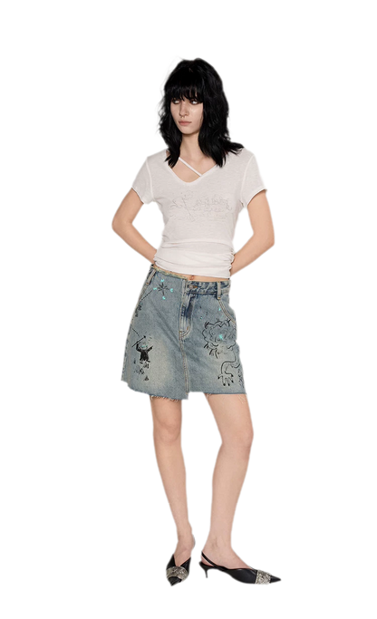 Washed Graffiti A-Line Denim Skirt