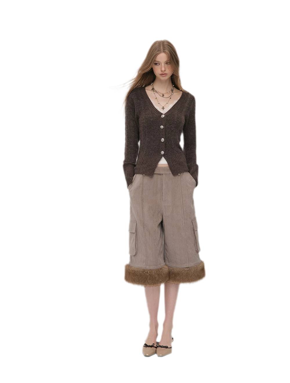 Brushed Cable-Knit Fitted Cardigan