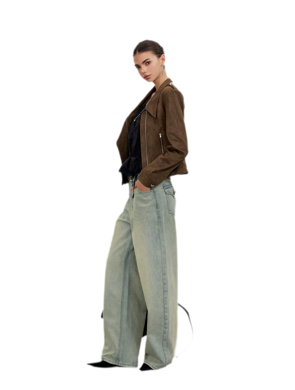 Suede-Effect Asymmetric Cropped Jacket