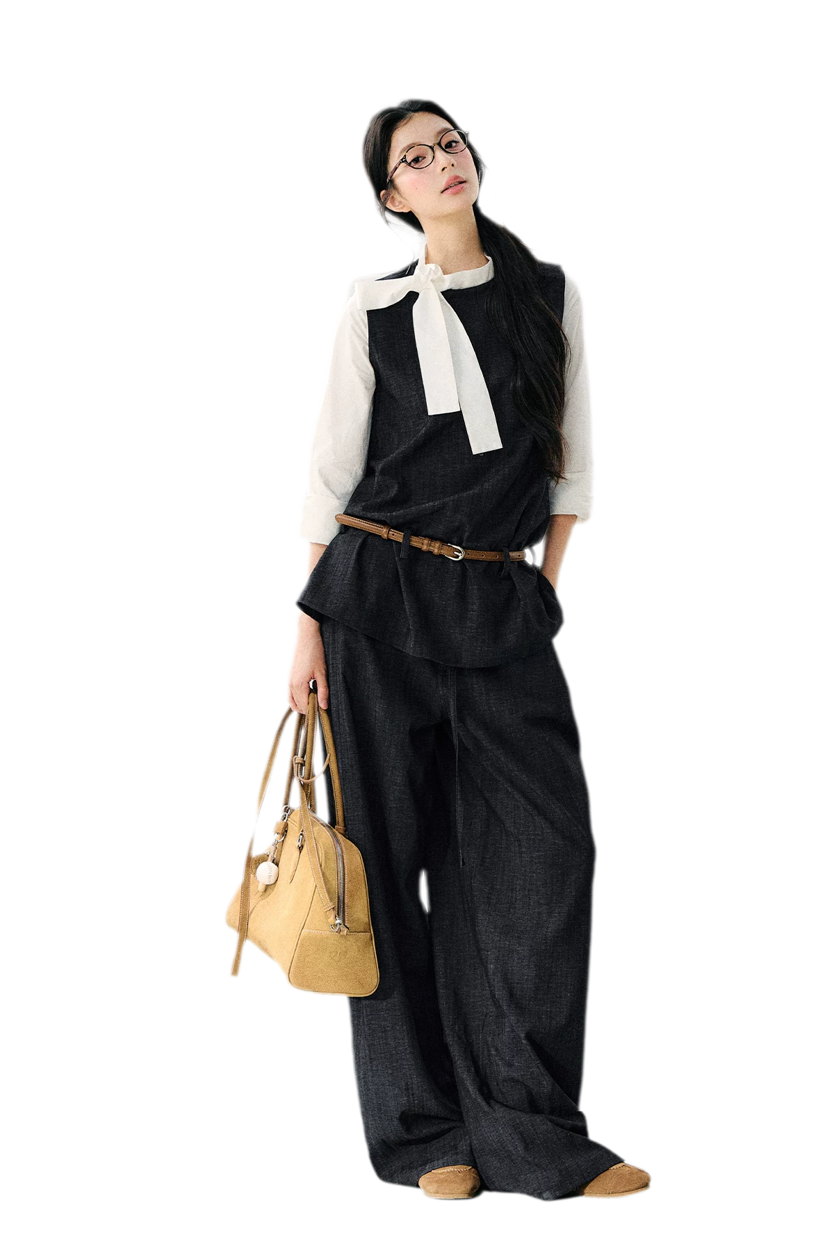 Contrast Ribbon Denim Blouse