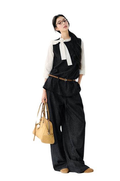 Contrast Ribbon Denim Blouse