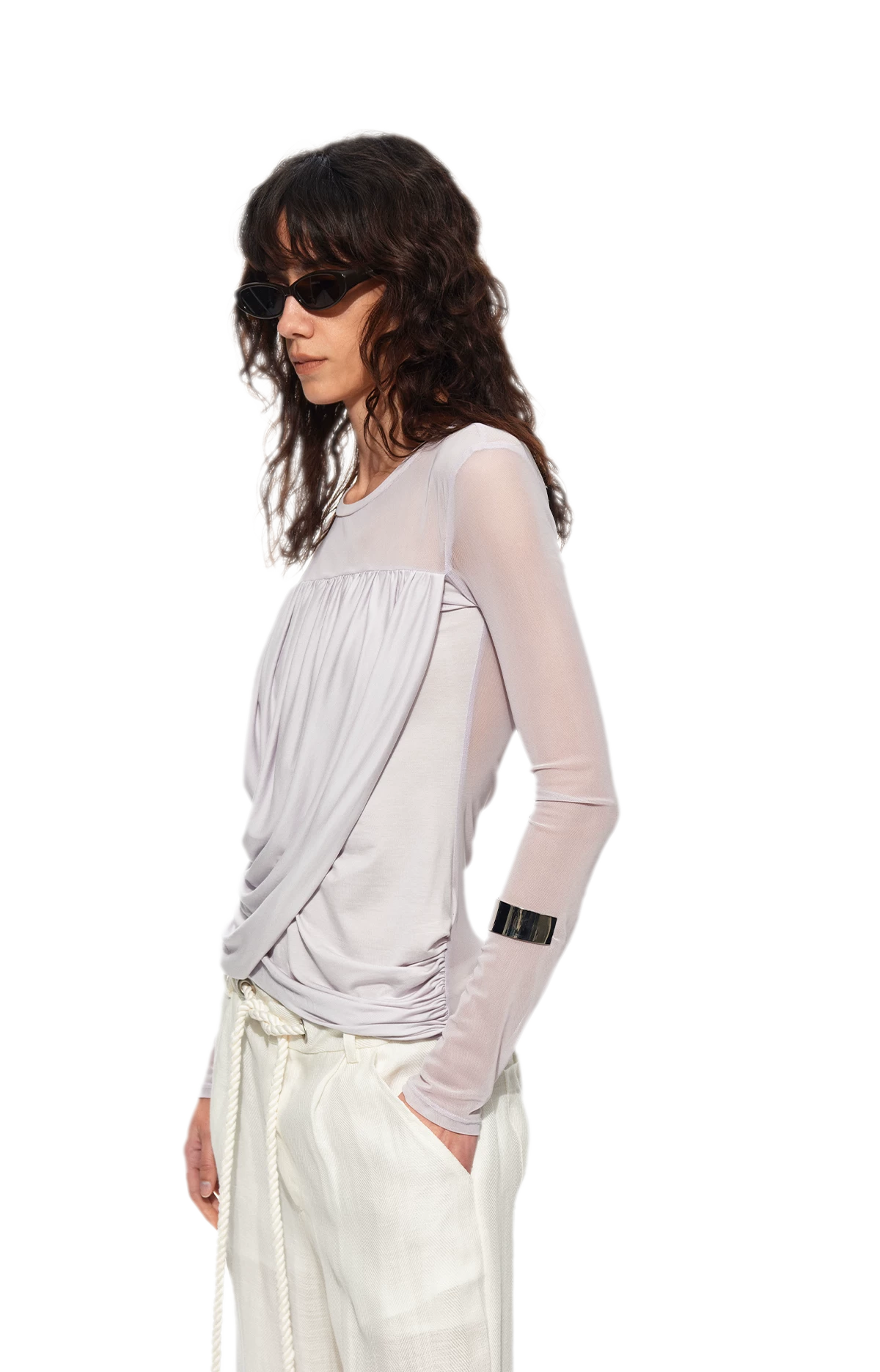 Draped Mesh Long Sleeve Tee