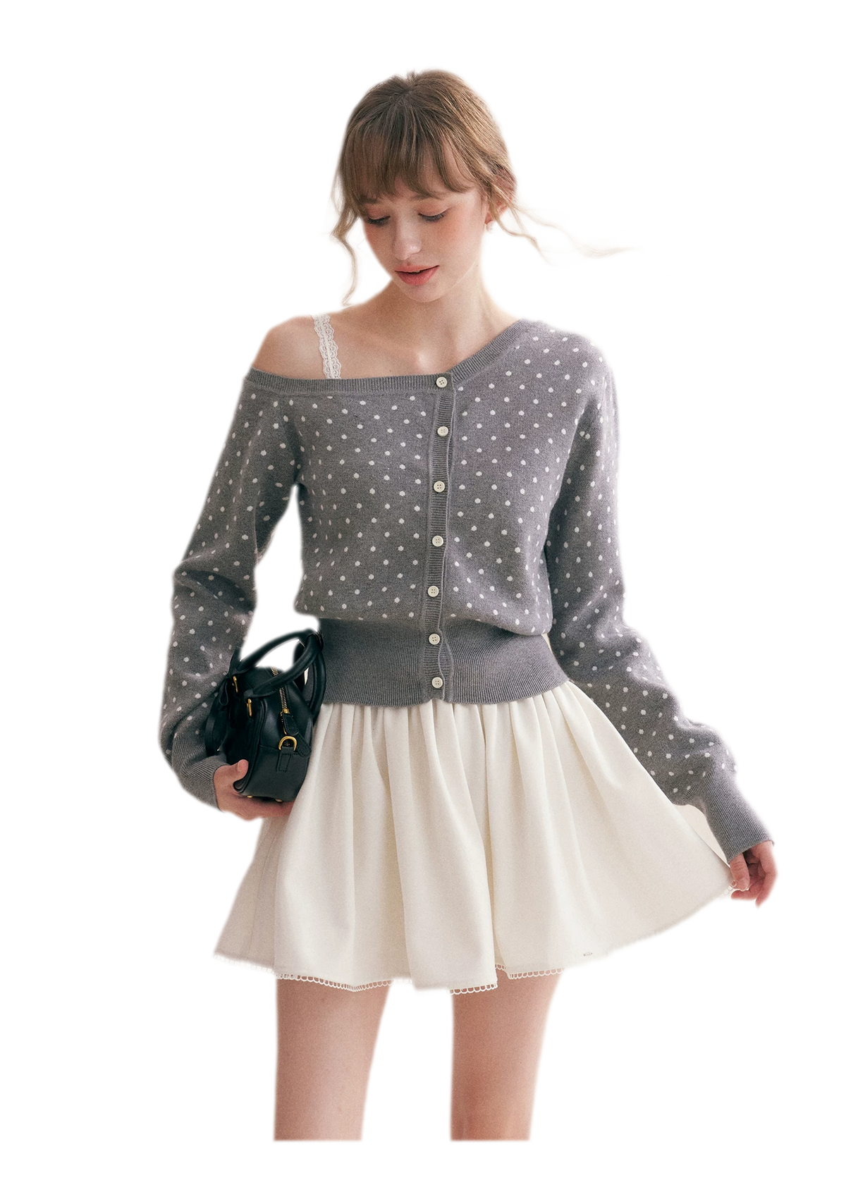 Polka Dot Slanted Shoulder Cardigan