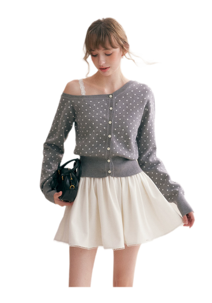 Polka Dot Slanted Shoulder Cardigan
