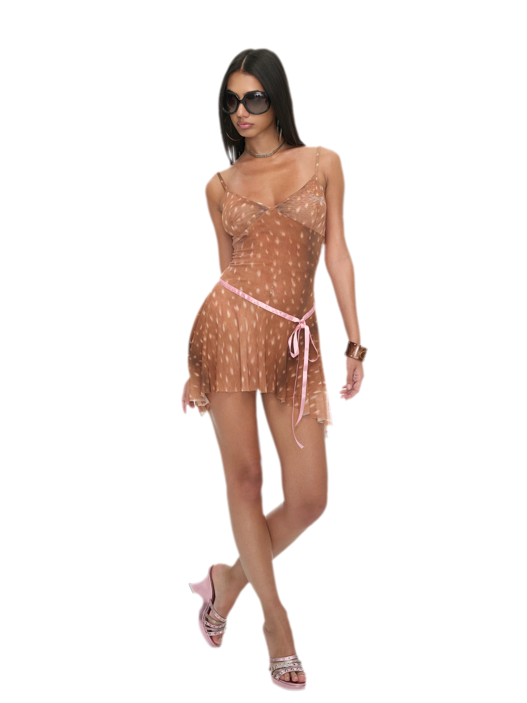 Deer Print Sheer Ribbon Dress