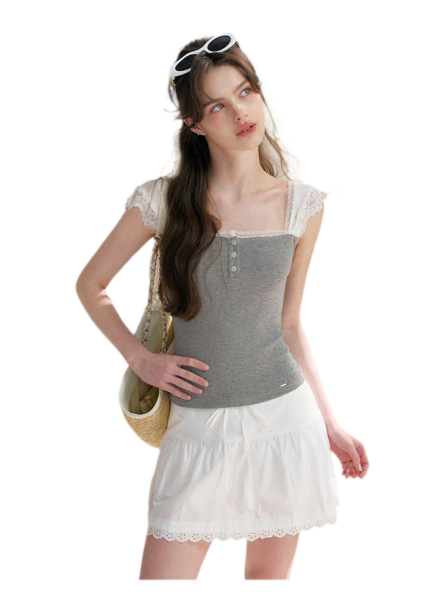 Lace Edge Wide Strap Knit T-Shirt