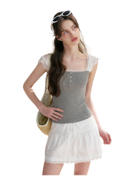 Lace Edge Wide Strap Knit T-Shirt