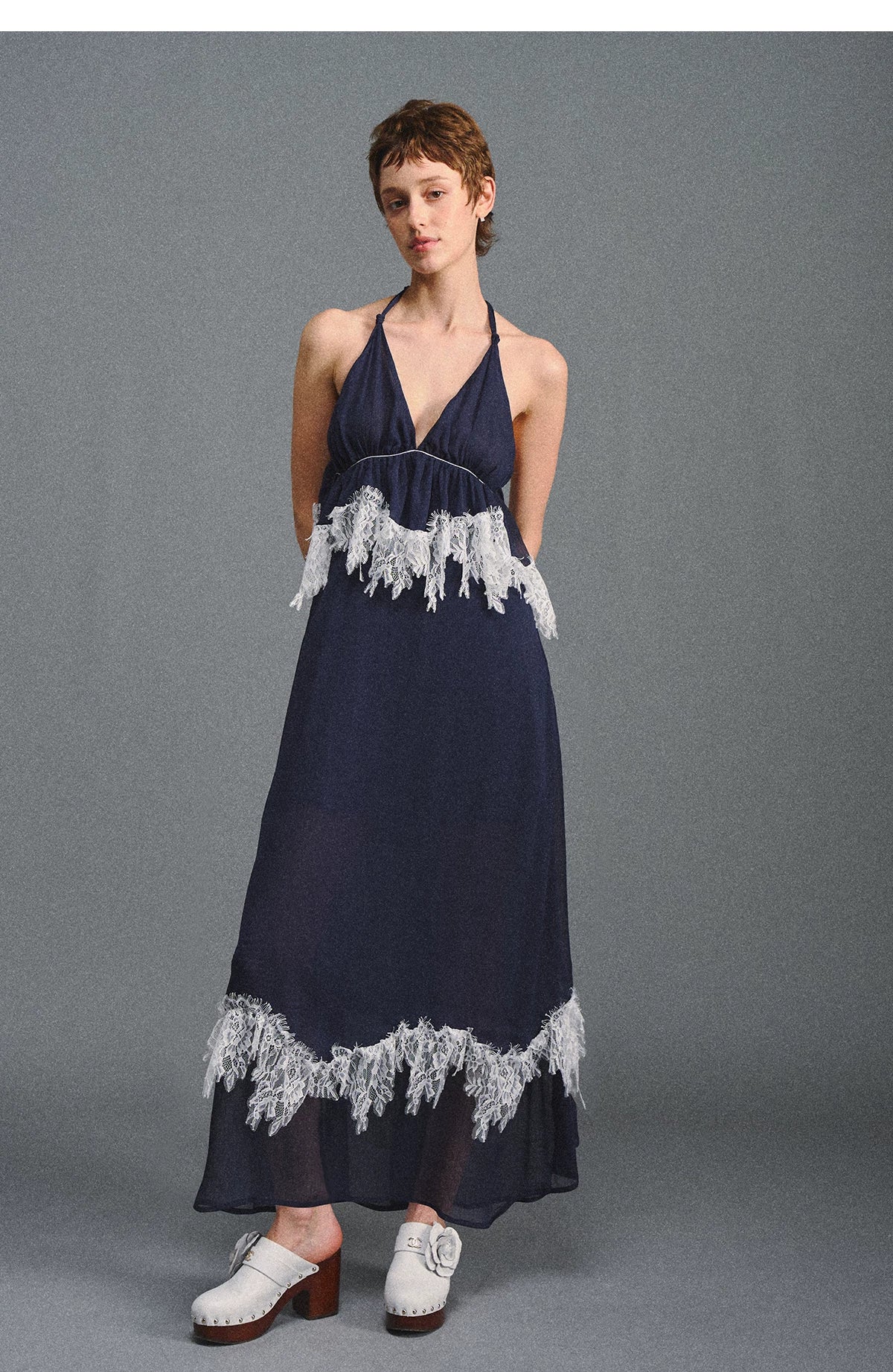 Deep V Halter Maxi Dress in Serene Blue