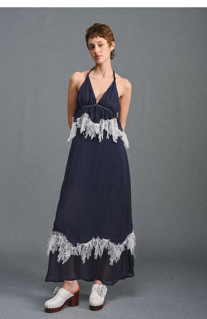 Deep V Halter Maxi Dress in Serene Blue