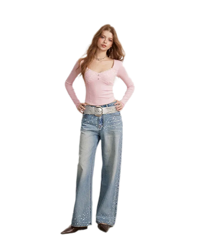 Rhinestone Pearl Wide-Leg Jeans