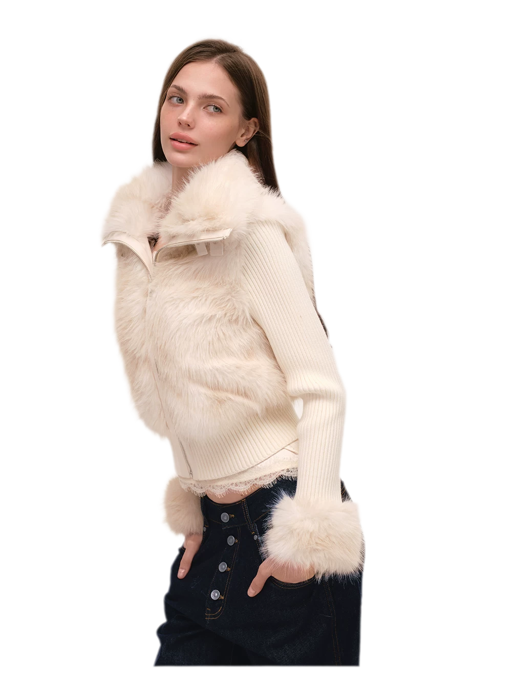 Taillierte Jacke mit Kunstpelz und Stehkragen