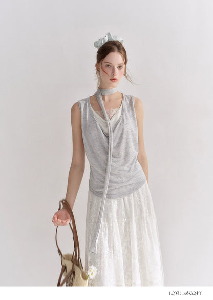 Draped Neckline Lace Patchwork Vest