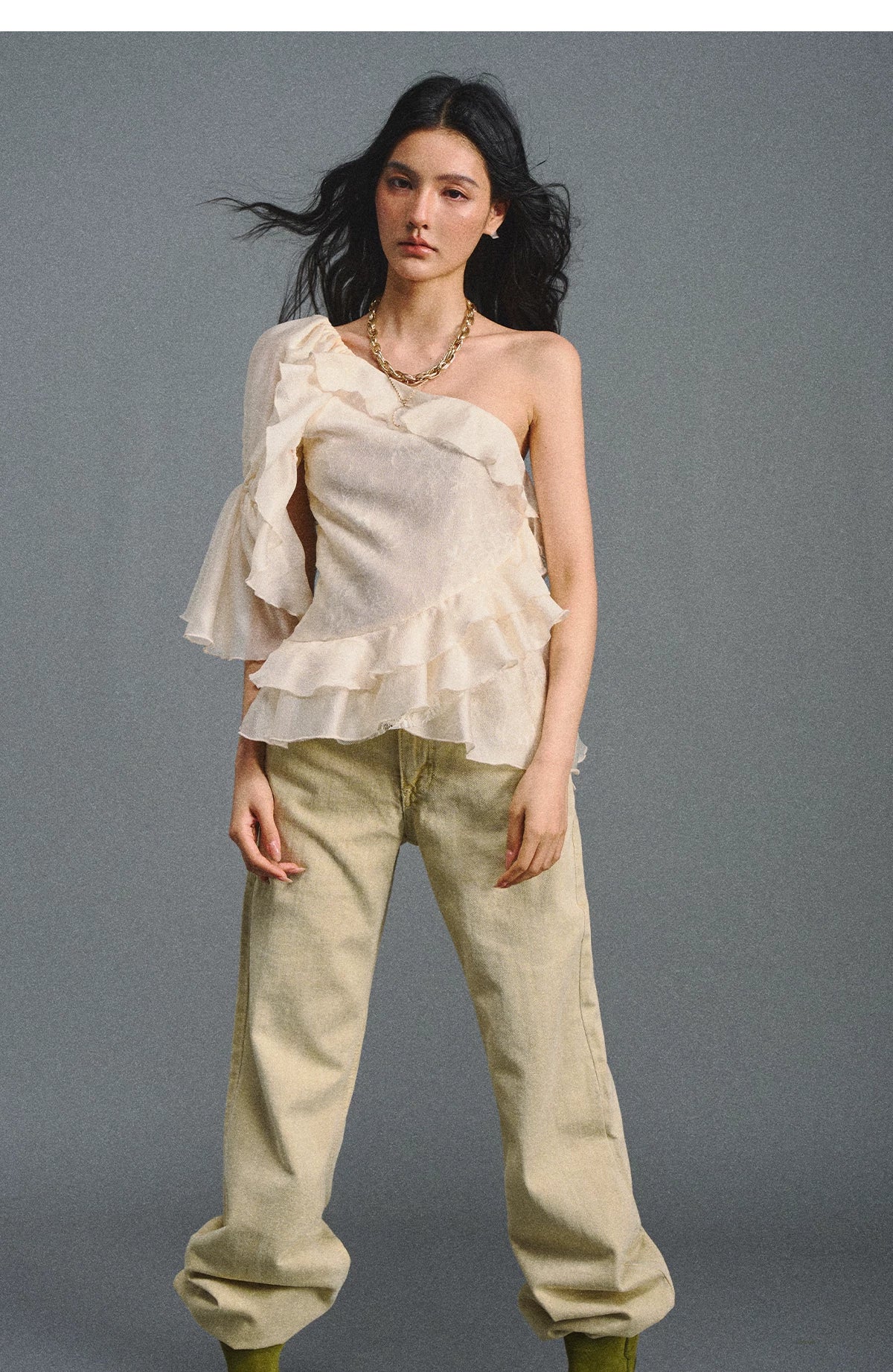 Vintage Romantic Lace Ruffled Asymmetric Top