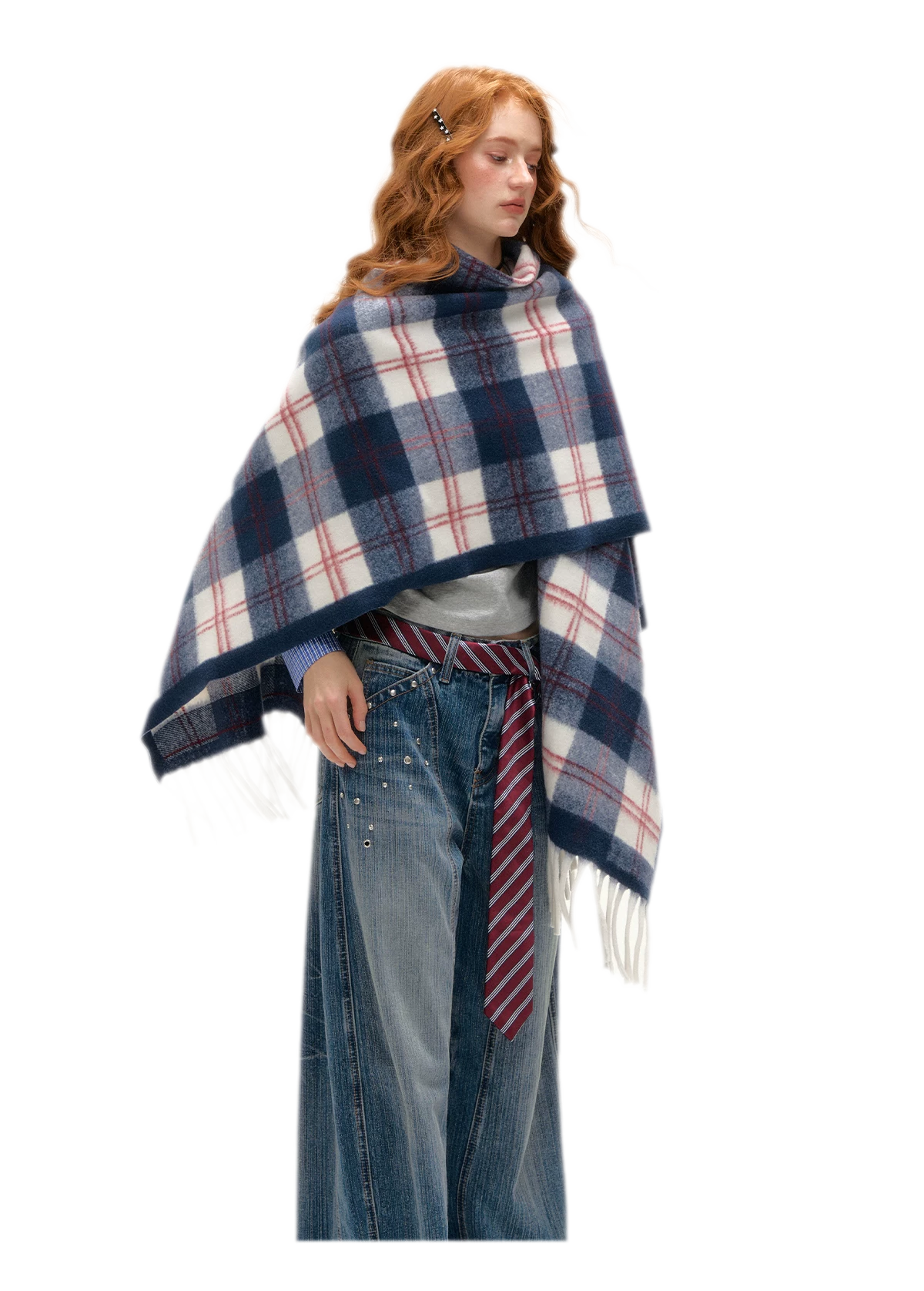 Vintage Plaid Fringed Shawl