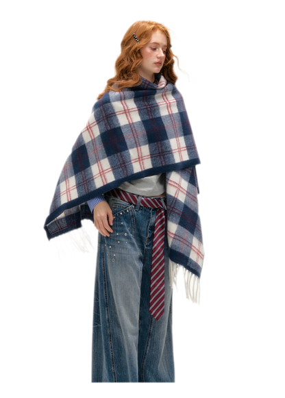 Vintage Plaid Fringed Shawl