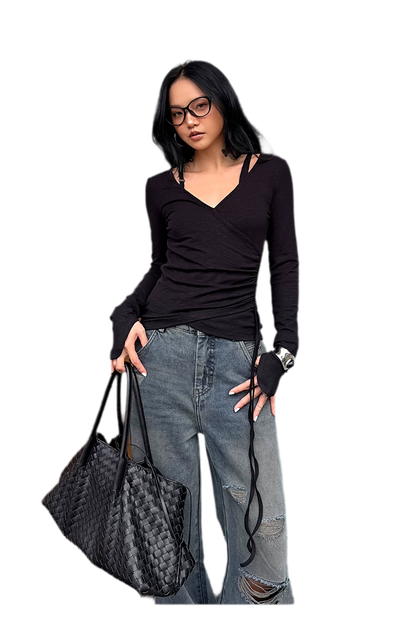 Textured Ruched Slim Long-Sleeve Top
