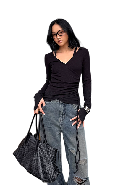 Textured Ruched Slim Long-Sleeve Top